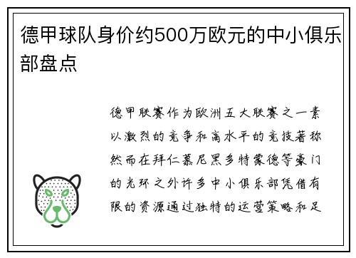德甲球队身价约500万欧元的中小俱乐部盘点